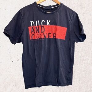 Red and Blue Short Sleeve Tee with Graphic Design